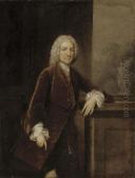 Portrait Of Thomas 
Pelham-holles, 1st Duke Of Newcastle (1693-1768), Standing, 
Three-quarter-length, In A Brown Velvet Coat, Leaning On A Plinth, A 
Garden With A Classical Statue Beyond Oil Painting by Francis Hayman