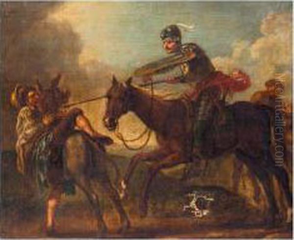 Don Quixote Attacking The Barber
 To Capture The Basin; Don Quixote Disputing With The Mad Cardenio; And 
Don Quixote Tilting With The Toledo Merchant Oil Painting by Francis Hayman