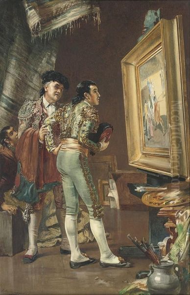 Two Matadors Discussing A Picture Of A Bullfight Oil Painting by John Haynes-Williams