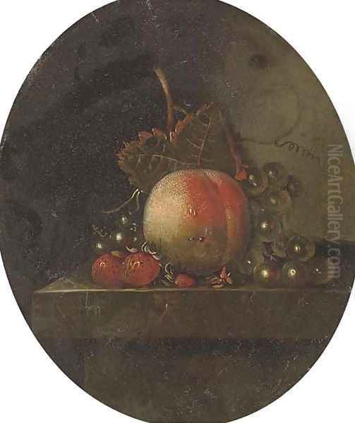 A peach, grapes on the vine, strawberries and blueberries on a stone ledge Oil Painting by Adriaen Coorte