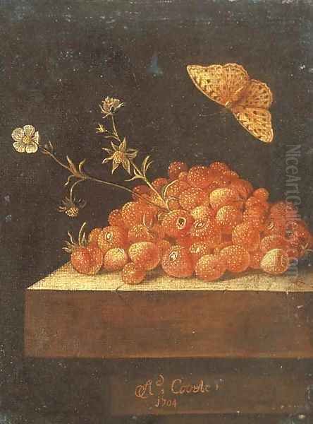 Stawberries in a pot on a stone ledge with a butterfly Oil Painting by Adriaen Coorte