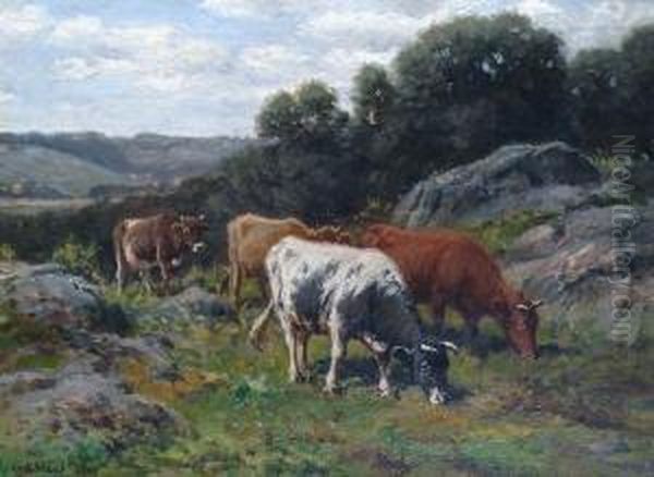 Cattle Grazing In A Rocky Landscape 'g.a.hays 1900' (lower Left) by George Arthur Hays