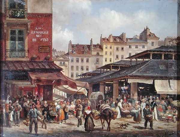 View of the Market at Les Halles, c. 1828 Oil Painting by Guiseppe Canella