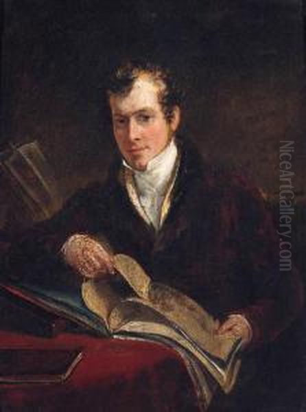 Portrait Of The Hon. Robert S. 
Jameson, Seated Small Three-quarter-length, In A Red Jacket With Fur 
Collar And White Shirt, Seated Ata Table, Holding An Open Book Oil Painting by John Hayter