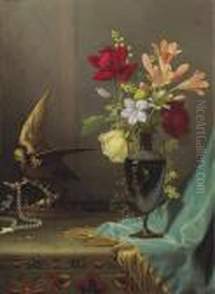 Vase Of Mixed Flowers With A Dove Oil Painting by Martin Johnson Heade