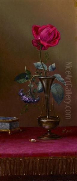 Red Rose And Heliotrope In A Vase (requited And Unrequited Love) Oil Painting by Martin Johnson Heade