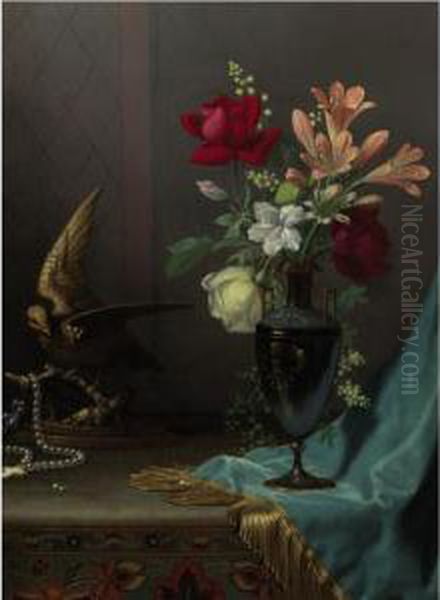 Vase Of Mixed Flowers With A Dove Oil Painting by Martin Johnson Heade