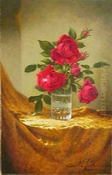 Glass Of Roses On Gold Cloth Oil Painting by Martin Johnson Heade