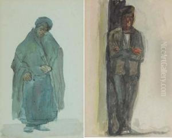 Dubliners - Old Woman In Shawl And Man In A Cap Leaning In A Doorway (a Pair) Oil Painting by Michael Healy