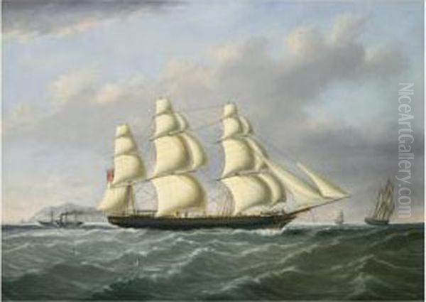 A Three Masted Ship Under Full 
Sail Outward Bound From Liverpool Off Holyhead And The South Stack Oil Painting by Joseph Heard