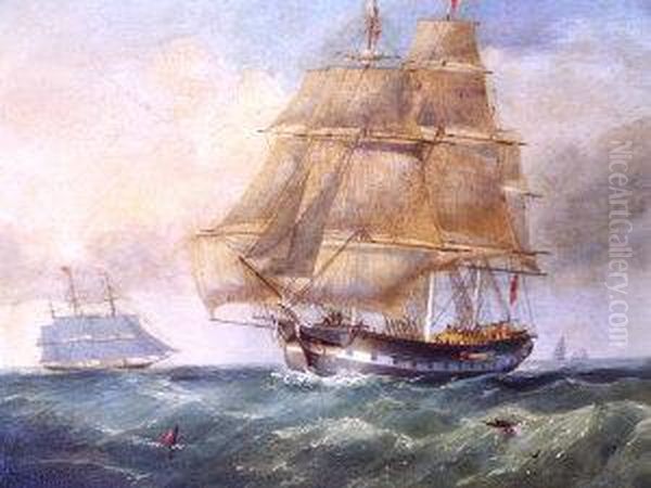 Frigates On Choppy Seas Oil Painting by Joseph Heard