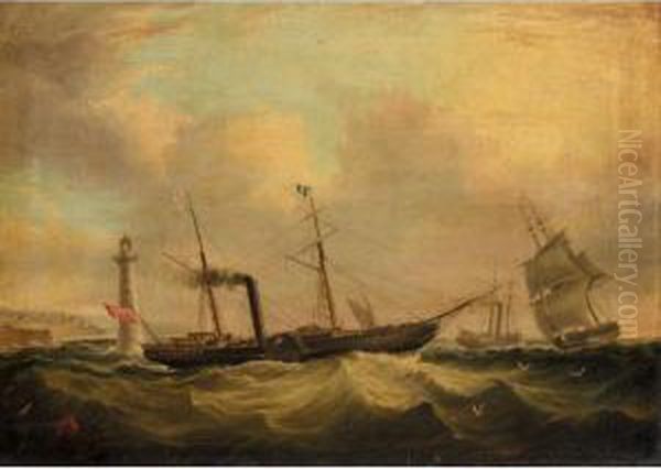 The Departing Paddle Steamer Victoria Off The Perch Rock Fort And Lighthouse, Liverpool Oil Painting by Joseph Heard