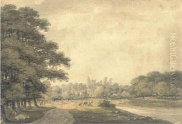 Thames Landscape With A Church Tower In The Distance Oil Painting by Thomas Hearne