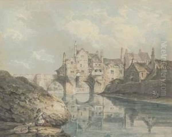 Elvet Bridge, Durham, With A Washerwoman In The Foreground Oil Painting by Thomas Hearne