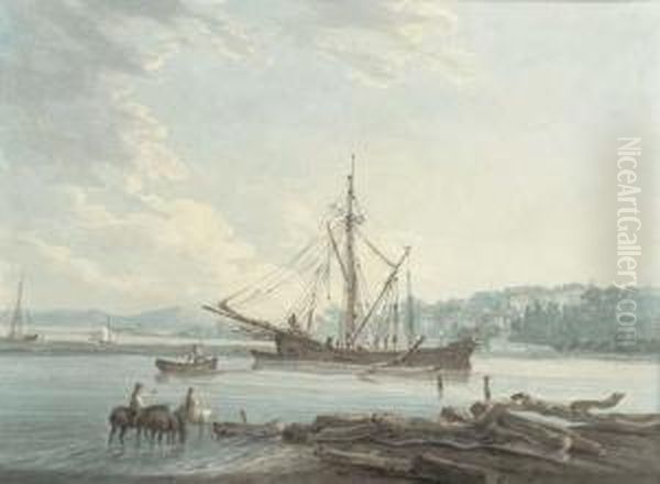 Lymington: Unloading A Timber Ship Oil Painting by Thomas Hearne