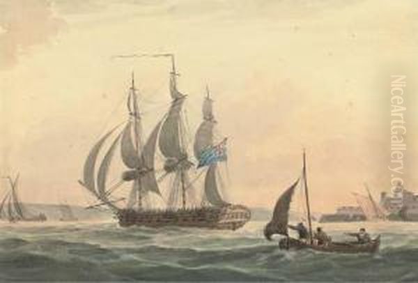 A 36-gun Frigate Of The Royal Navy Making Sail Out Of Plymouth Andpassing The Citadel Oil Painting by William Heath