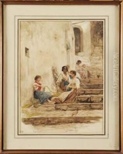 Paysannes Italiennes Tressant Des Cordages Oil Painting by Ernest Antoine Hebert