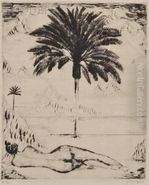 Reclining Nude And Two Palms by Joseph Hecht