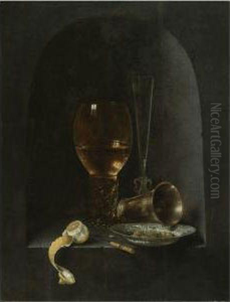 Still Life With A Roemer, A 
Fluted Wine-glass, A Silver Goblet, Ablue-and-white Porcelain Bowl 
Filled With Green Olives, A Partlypeeled Lemon And A Knife, All Arranged
 Within A Stone Niche Oil Painting by Willem Claesz. Heda