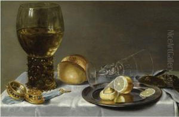 Still Life Of A Roemer, A Facon 
De Venise, A Partly Peeled Lemonon A Pewter Plate, Two Oysters, A Bread 
Roll And A Pocket-watch,all Arranged On A Draped Table Oil Painting by Willem Claesz. Heda