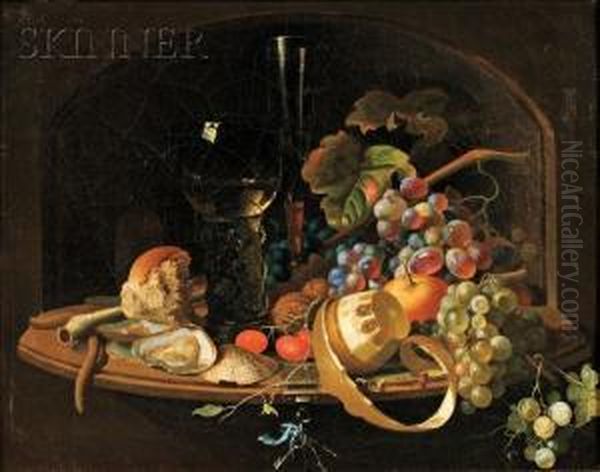 Still Life With Romer, 
Fruit, 
And Oysterson A Ledge Oil Painting by Willem Claesz. Heda