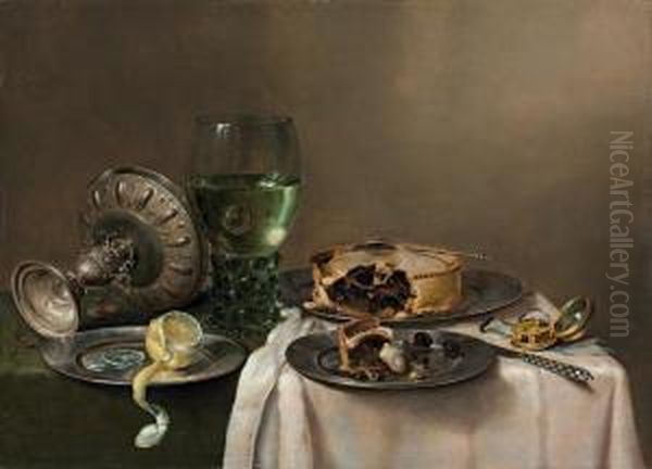 A 'pronk' Still-life, With A 
Roemer, An Upturned Silver Tazza, Ahalf-peeled Lemon On A Pewter Plate, 
With A Pie, A Timepiece And Aknife Oil Painting by Willem Claesz. Heda