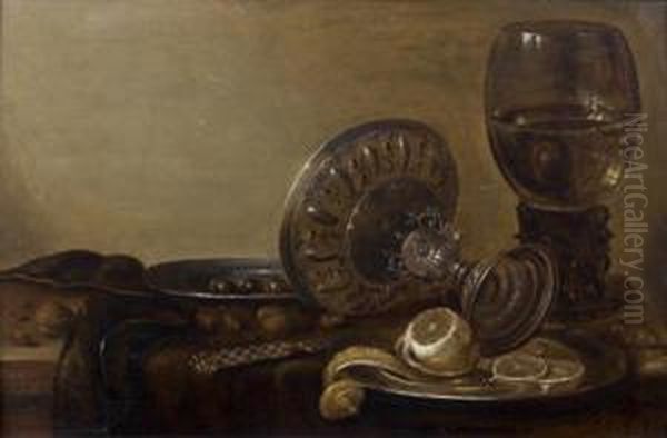 Nature Morte Aux Pieces D'orfevrerie, Verres Et Citron Oil Painting by Willem Claesz. Heda