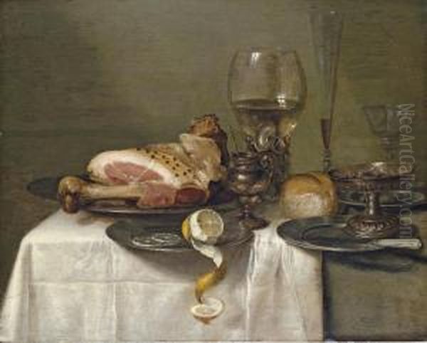 A Ham On A Pewter Plate, A 
Partly-peeled Lemon, A Roemer, A Glass Flute, A Wine Glass, A Bowl Of 
Olives, A Silver-gilt Tazza, A Bread Roll, A Knife On A Pewter Plate And
 A Mustard Pot On A Partly-draped Table Oil Painting by Willem Claesz. Heda