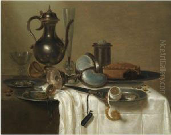 A Still Life With A Pewter Wine-pot Oil Painting by Willem Claesz. Heda