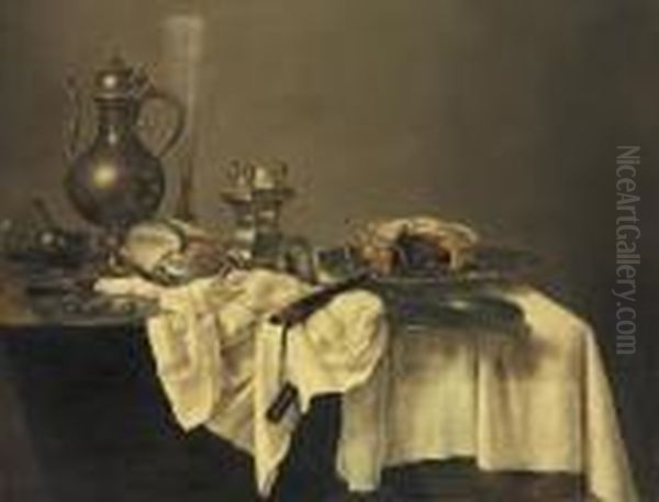 A Blackberry Pie, An Upturned Nautilus Cup Oil Painting by Willem Claesz. Heda