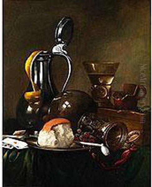 Stilleben Mit Zinnkrug, Glasflasche, Trinkglas Und Zerbrochenem Becher Oil Painting by Willem Claesz. Heda