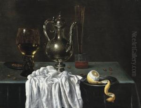 Still Life A 'roemer' Of White Whine, A Pewter Plate With Hazelnuts. Oil Painting by Willem Claesz. Heda