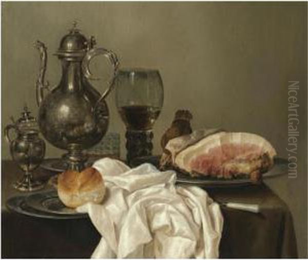 A Still Life With A Silver 
Tazza, A Silver Pot, A Roemer With Whitewine, A Glass With Beer, Four 
Pewter Plates With A Bread Roll And Ashoulder Of Ham, All On A Green 
Table Cloth Oil Painting by Willem Claesz. Heda