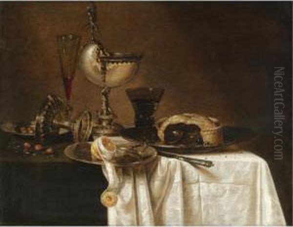 Still Life With An Overturned 
Tazza, A Tall Wine Glass, An Open Pie On A Pewter Plate, A Partly Peeled
 Lemon And A Nautilus Cup All Arranged On A Partly Draped Table Oil Painting by Willem Claesz. Heda