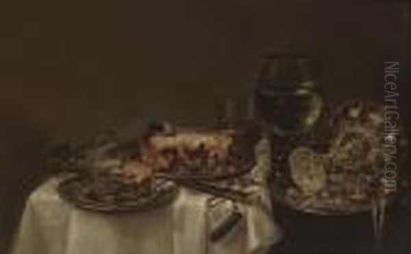 A Roemer, A Pie On A Pewter 
Plate, An Overturned Broken Glass, A Pocket Watch With A Key On A Blue 
Silk Ribbon And An Overturned Silver Tazza On A Pewter Plate, On A 
Partly-draped Table Oil Painting by Willem Claesz. Heda