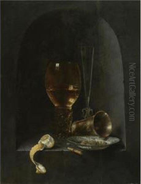 Still Life With A Roemer, A 
Fluted Wine-glass, A Silver Goblet, A Blue-and-white Porcelain Bowl 
Filled With Green Olives, A Partly Peeled Lemon And A Knife, All 
Arranged Within A Stone Niche Oil Painting by Willem Claesz. Heda