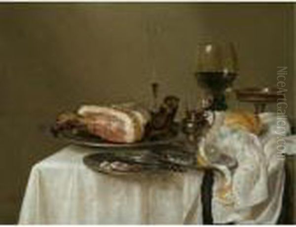 A Still Life With A Roemer, A 
Silver Tazza, A Fluted Wine-glass, A Mustard Jar, A Ham And A Partly 
Peeled Lemon On Pewter Dishes And A Bread Roll, All Arranged On A 
Table-top Draped In White Oil Painting by Willem Claesz. Heda