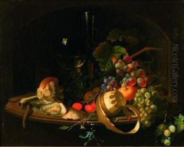 Still Life With Rommer, Fruit And Oysters On A Ledge Oil Painting by Willem Claesz. Heda