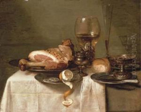 A Ham On A Pewter Plate Oil Painting by Willem Claesz. Heda