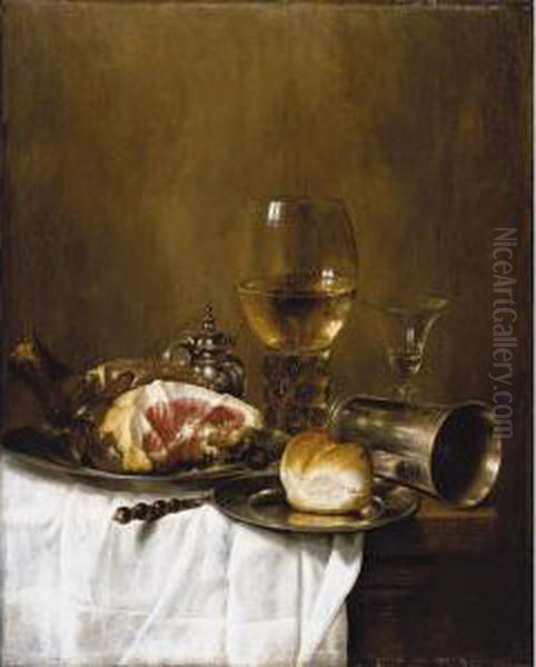 A Still Life Of A Roemer Filled 
With White Wine, A Wine-glass, A Silver Beaker On Its Side, A Ham And A 
Bread-roll On Pewter Plates, All Arranged On A Wooden Table Partly 
Draped With A White Cloth Oil Painting by Willem Claesz. Heda