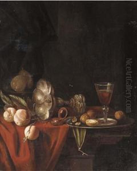 A Silver Goblet, A Roemer Of 
Wine, Walnuts, Peaches, Pears And Acompass On A Partly Draped Table Oil Painting by Willem Claesz. Heda