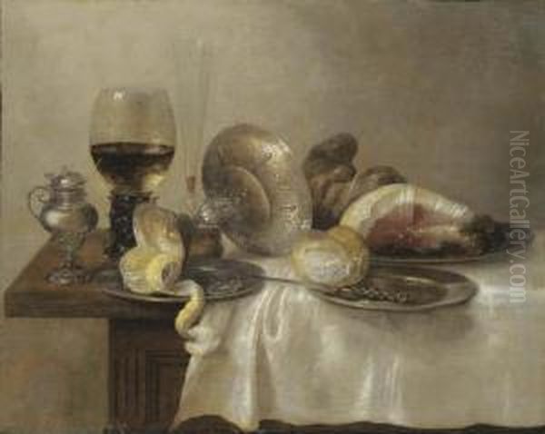 An Upturned Silver Tazza And A Partially Peeled Lemon Oil Painting by Willem Claesz. Heda