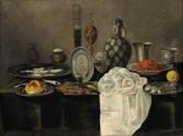 Oysters And A Roll Of Bread On Pewter Plates Oil Painting by Willem Claesz. Heda