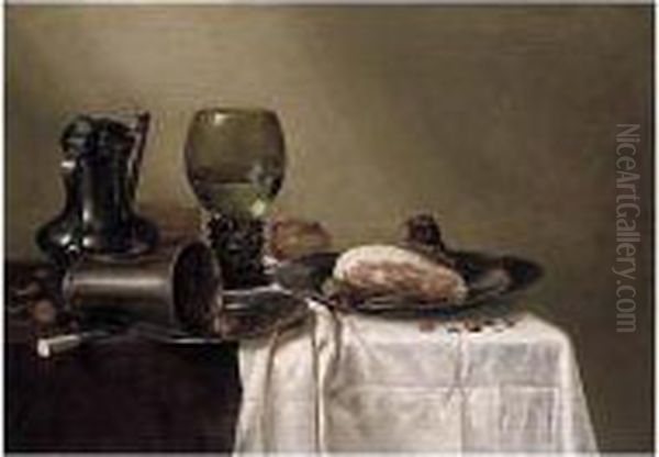 A Still Life Of A Pewter Kanne, A
 Roemer, An Overturned Silver Beaker Resting On A Pewter Plate And A Ham
 Upon Another Pewter Plate, All Upon A Table Covered In A Brown Cloth 
And Partly Draped With A White Cloth Oil Painting by Willem Claesz. Heda