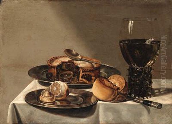 A Roemer, A Pie With A Spoon And
 A Peeled Lemon On Pewter Plates, Abreadroll And A Knife On A Draped 
Table Oil Painting by Willem Claesz. Heda