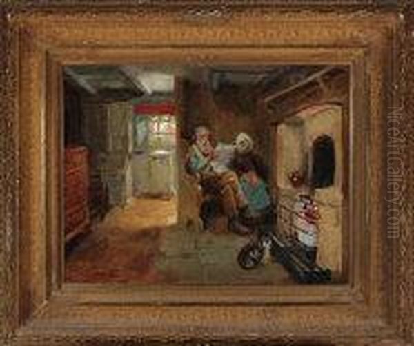 An Old Couple Sitting By A Cottage Fire Oil Painting by Ralph Hedley