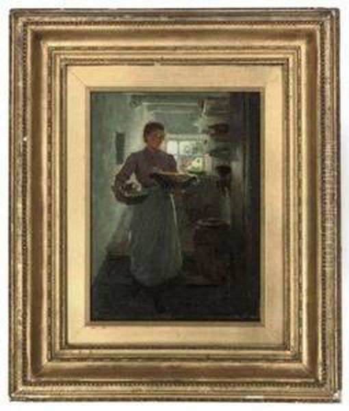 Maid In An Interior Oil Painting by Ralph Hedley