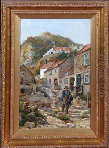 A Yorkshire Fishing Village Oil Painting by Ralph Hedley