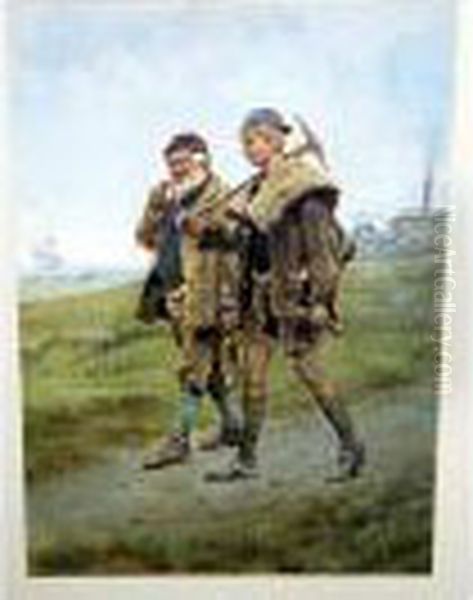 Coloured Lithographic Print Titled Going Home Oil Painting by Ralph Hedley