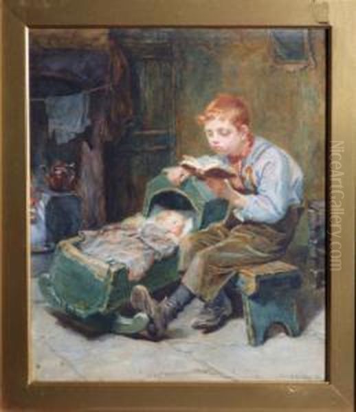 A Young Boy Rocking His Brother's Cradle Whilst Reading A Book Oil Painting by Ralph Hedley